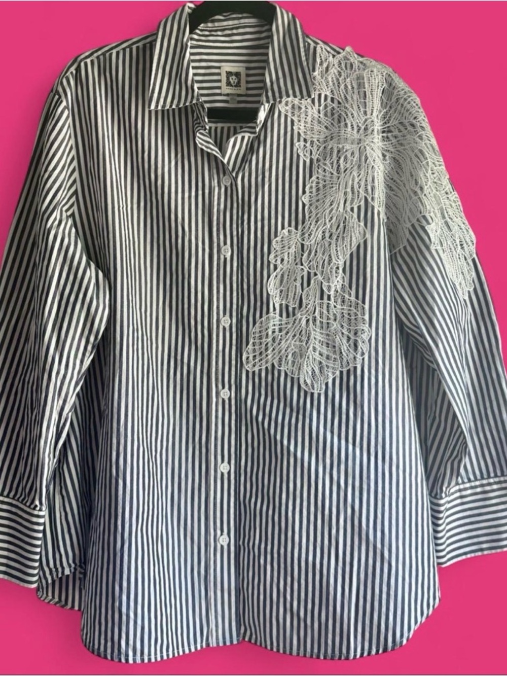 EUC Anne Klein Navy & White Striped Button-Down Shirt with White Lace Appliqué - Picture 3 of 7